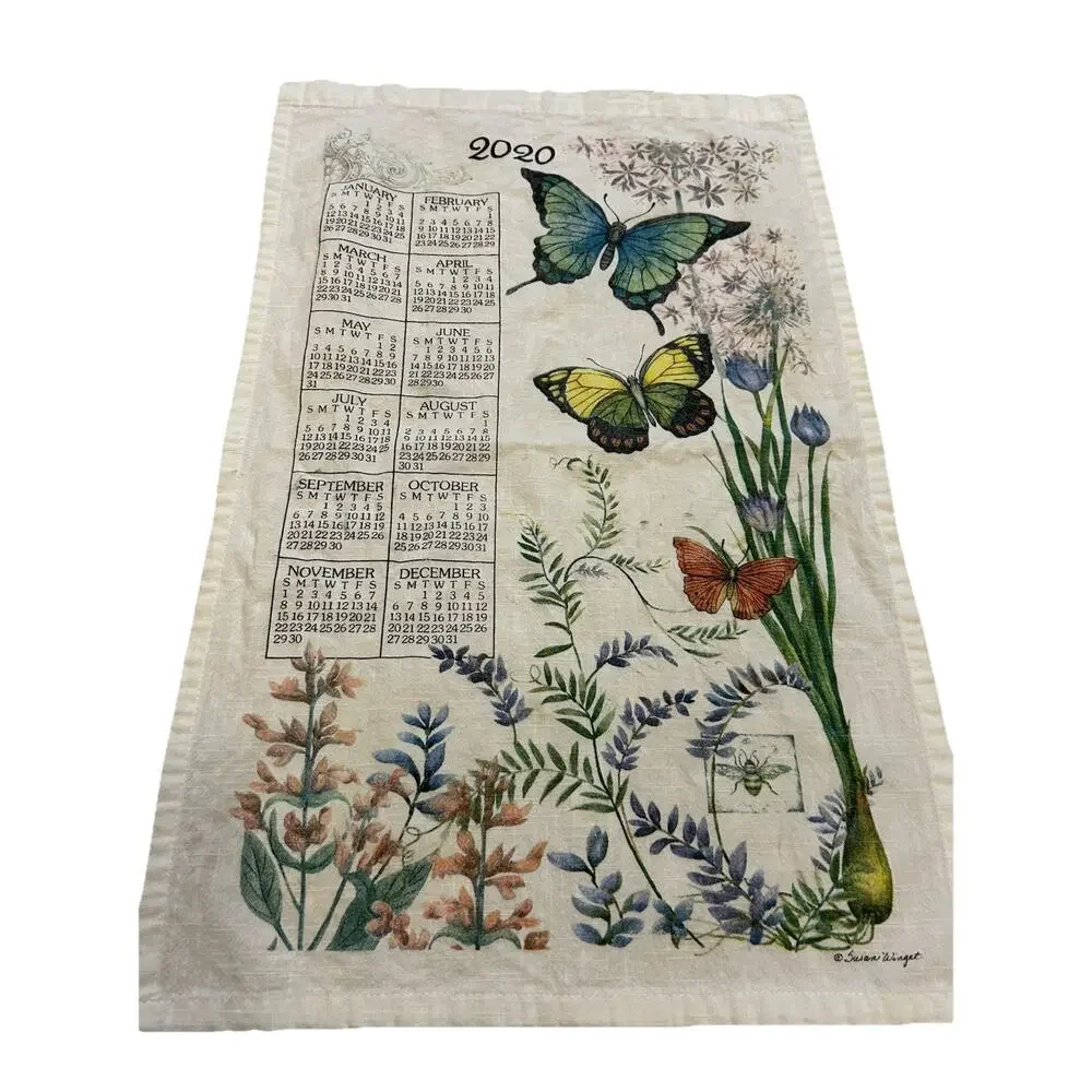 KITCHEN CALENDAR TEA TOWEL-LINEN Butterflies Garden Floral 2020 Susan Winget